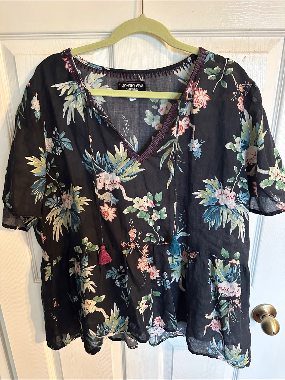 Johnny Was Black Floral V-Neck Tassel Blouse